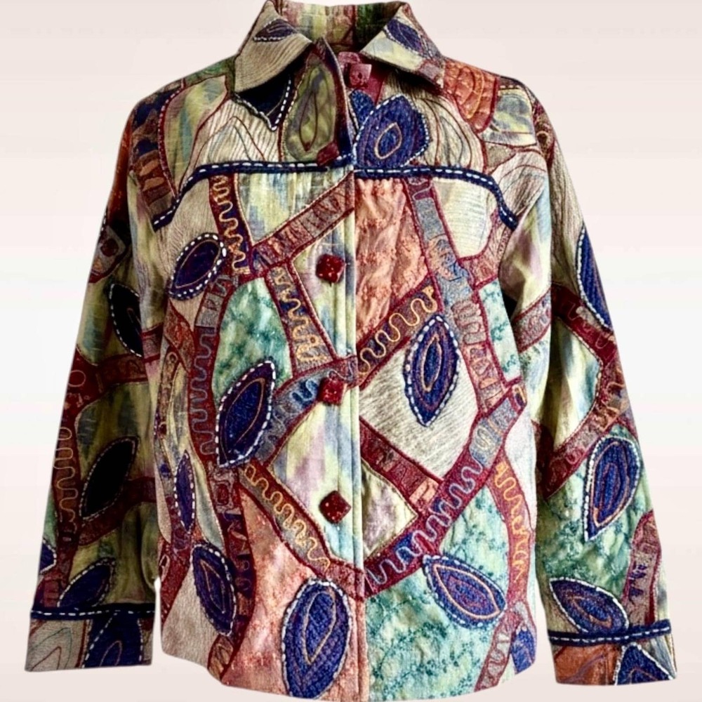 Anage Patchwork Silk Cotton Jacket India Boho Abstract XL Vintage